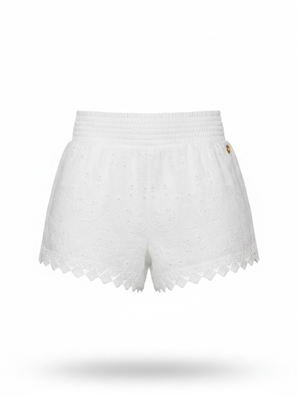Ohdademar white swim cover up shorts. Hamsa pattern stitching. Size L